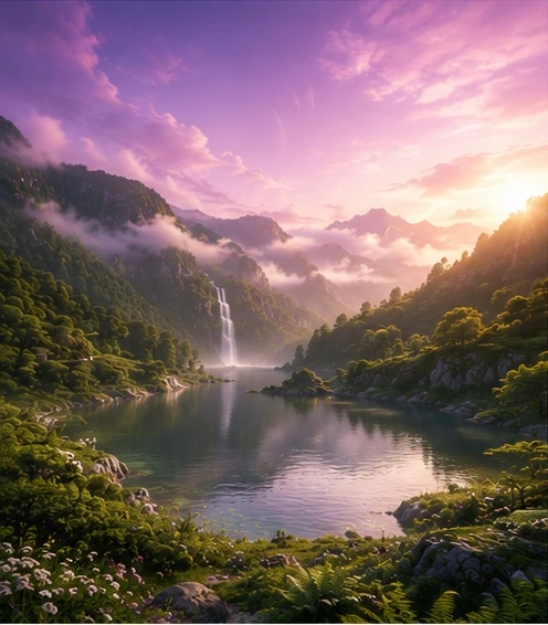 A pristine future landscape of green mountains, water and violet dawn light
