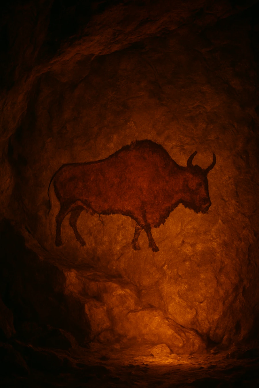 A prehistoric cave painting lit in warm firelight